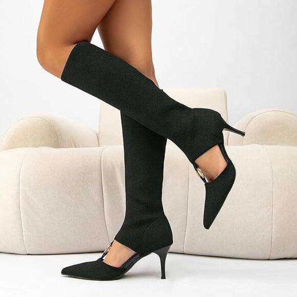 NEWBELLA Mousse Fit Pointed Toe Black Stiletto Breathable Sock High Boots - Picture 5 of 7